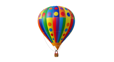 A vibrant hot air balloon, adorned with colorful stripes and polka dots, floats against a stark black backdrop.