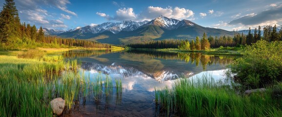 Scenic mountain reflection in lake, framed by a lush forest, under a blue sky dotted with white clouds. Beautiful nature panorama