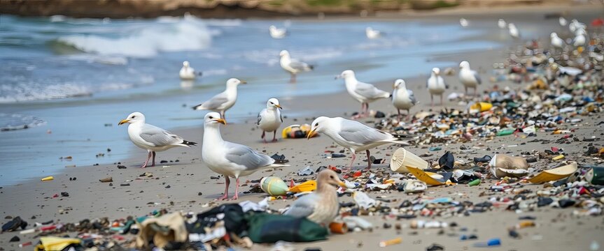 Seagulls scavenging discarded trash on a littered beach, birds, refuse