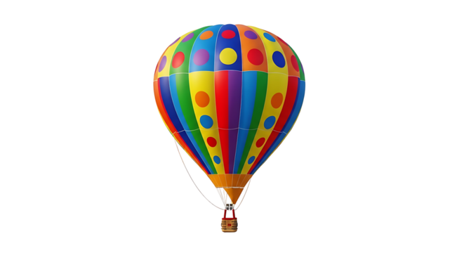 A vibrant hot air balloon, adorned with colorful stripes and polka dots, floats against a stark black backdrop.