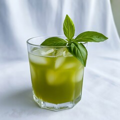Vibrant green herbal drink with ice and basil garnish in a faceted glass