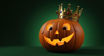Carved halloween pumpkin wearing a golden crown on a dark green background