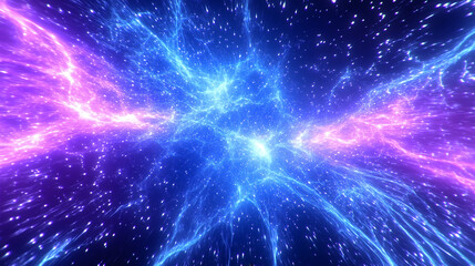 Fototapeta premium Hyperspace warp tunnel with glowing blue and magenta streaks, sci fi speed zoom effect, seamless motion background for openers