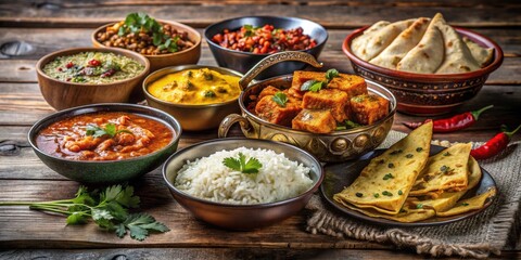 Aromatic Indian Cuisine Feast A Diverse Selection of Savory Curries, Flavored Rice, and Flatbreads Served in Ornate Bowls on Rustic Wooden Table