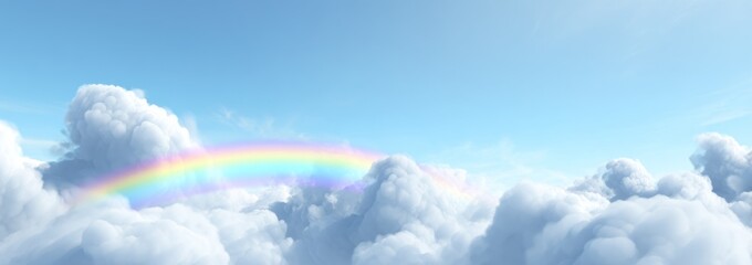 A light blue sky filled with soft, puffy white clouds with a rainbow arching through the center