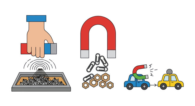 Magnetic Attraction Demonstrations: Hand Horseshoe and Toy Cars.