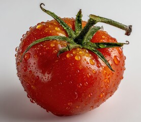 A close-up of a ripe, red tomato with fresh green leaves, glistening with water droplets, on a white surface