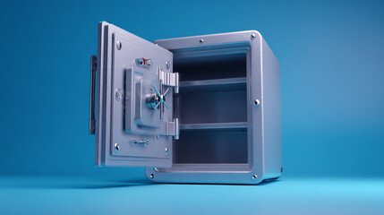 Open metal safe with empty shelves against a blue background