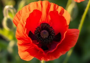 Obraz premium Closeup of a vibrant red poppy flower with delicate petals and a dark center, set against a soft green blurred background