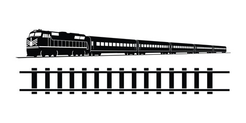 Long Passenger Train on Railroad Tracks, Black and White Silhouette Vector Illustration