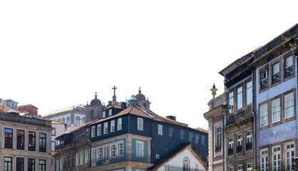Fototapeta premium Isolated view of traditional facades and church domes in Porto, Portugal. Historic tiled houses with