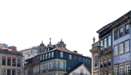 Isolated view of traditional facades and church domes in Porto, Portugal. Historic tiled houses with
