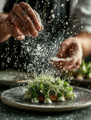 Fototapeta premium Chef creates culinary magic by sprinkling fresh herbs on a gourmet dish