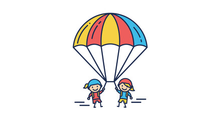 Two happy cartoon children playing with a large colorful striped parachute.