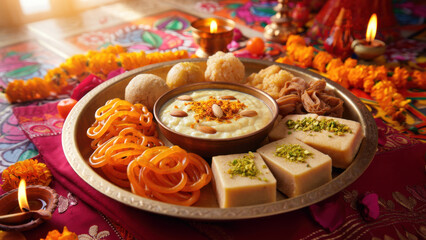 Dussehra sweets thali, traditional Indian desserts, festive celebration food, jalebi and barfi, cultural holiday cuisine, diya lights
