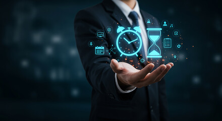 Businessman holding an open hand with clock and hourglass icons, time management, work planning, schedule, efficiency, and productivity concept for business process