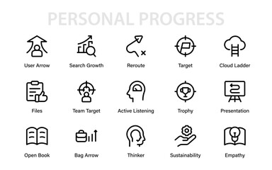 Personal progress Professional Line Icon Set, modern outline vector collection with creative minimal symbols of success, career progress, and financial motivation
