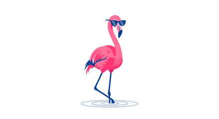 Obraz premium Chic Flamingo Wearing Sunglasses Standing In Water Underneath A Sunny Sky Scene