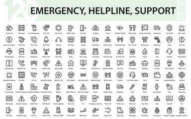 Emergency, helpline and support Professional Line Icon Set – Modern Minimal Outline Vector Collection for Support, Crisis Call, Hotline and Assistance Services