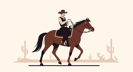 Cowboy Rides Steadfastly on Horseback Through Desert Landscape Under Bright Sky, Vector