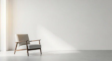 3D image Mid-Century Modern Armchair Interior – Minimalist White Wall, Natural Light, Wooden Frame, Serene Atmosphere, Stylish Décor, Peaceful Living Space.