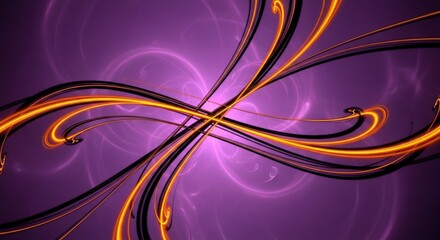 Abstract purple background with flowing golden and black light trails