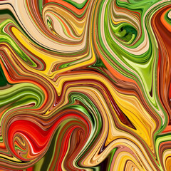 Dynamic swirl of red, yellow, and green abstract marbling art. Bold, colorful flowing texture perfect for vibrant modern design and creative expression.