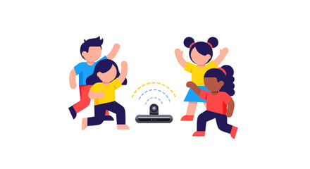 Happy diverse cartoon children dancing joyfully around a wireless music speaker.