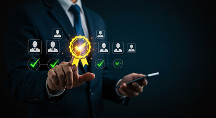 Businessman using a smartphone to complete checklist survey, digital document management, online questionnaire, and quality assurance on virtual screen for business process