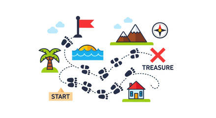 Colorful Treasure Map Illustration with Footprints Start Point and Adventure Elements.