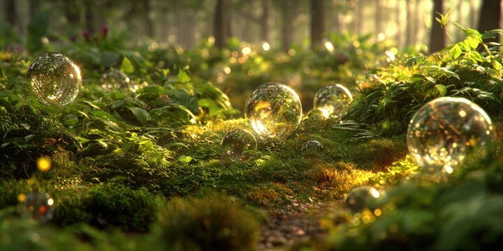 Ethereal photorealistic forest scene with floating glass orbs and gentle fog, golden hour lighting, lush green palette
