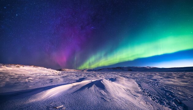 A Colorful Aurora Stretching Across The Night Sky Paired With A Barren Desert Like Snowscape - Powered by Adobe