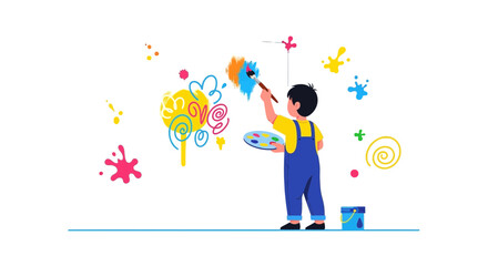Creative Child Painting a Colorful Mural on a Wall with a Palette and Paintbrush