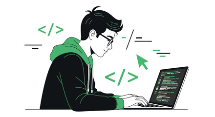 Creative Coder Focused On Work, Programming, And Coding With Modern Technology On Laptop