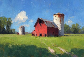 Rural scene featuring a red barn with a silo and a weathered roof, set against a bright blue sky and green fields