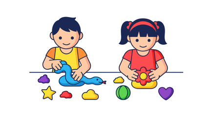Two Children Playing with Colorful Clay Shapes on a Table.