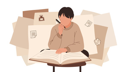 Creative Contemplation Of a Writer Surrounded By Manuscripts and Conceptualization
