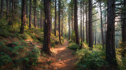 Obraz premium Exploring serene forest trails nature adventure scenic landscape photography early morning light tranquil environment