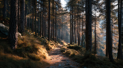 Obraz premium Exploring serene forest trails mountainous region nature photography autumn light wide-angle view peacefulness