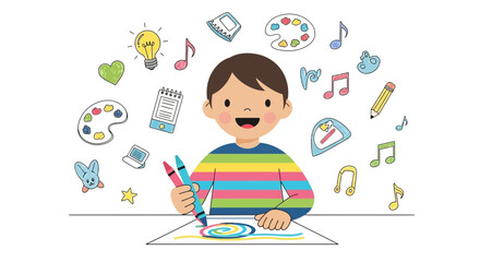 Creative Expression: A Joyful Child's Artistic Endeavor with Colorful Elements Illustrated