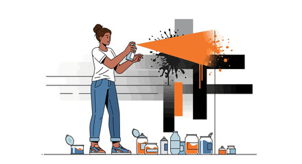 Creative Female Artist Spray Painting Abstract Graphic Art Vector Illustration