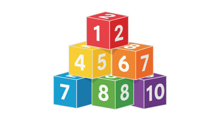 A pyramid stack of colorful childrens toy cubes with numbers for learning and play.