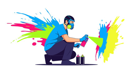 Creative Graffiti Artist Spraying Colorful Paint On White Background, Artistic Expression