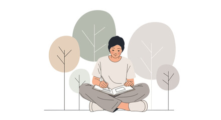 Creative Mind Journaling in Nature Amidst Abstract Trees Illustration Artwork