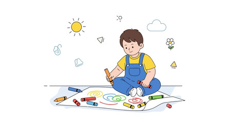 Creative Kid Illustrating Colorful Art With Crayons On Paper And Having Fun All Day