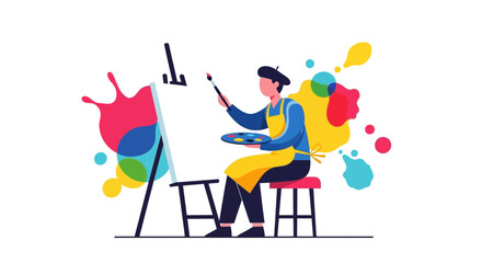 Creative Painter Crafting Vibrant Artworks with Brush and Colorful Palette Illustrations
