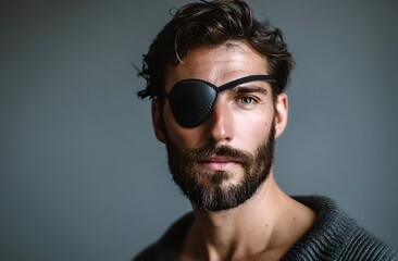 Fototapeta premium Portrait of a confident man with a beard wearing a black eye patch, looking at the camera. Studio shot with soft lighting and neutral background. Concept of strength, resilience, or injury recovery.