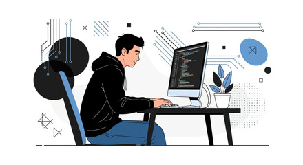 Creative Professional Working On Code With Modern Technology and Abstract Backdrops