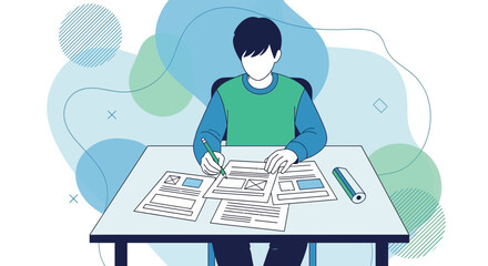 Creative Process Illustrated: Person Working on Documents with Modern Blue Design