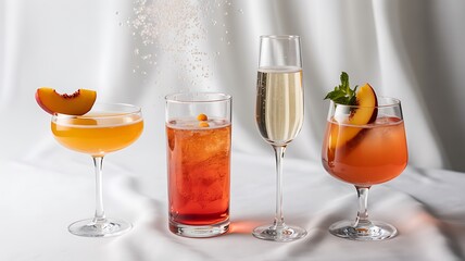 Four colorful cocktails with fruit garnishes on a white background